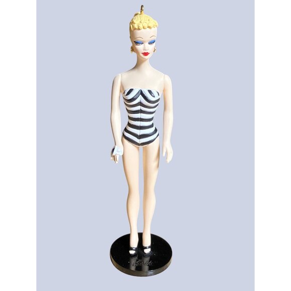 Barbie 1959 Blonde Ponytail Striped Swimsuit Collectible Ornament With Stand - Picture 2 of 15